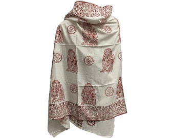 Om Ganesh Yoga Meditation Block Print Prayer Shawl Scarf (White)