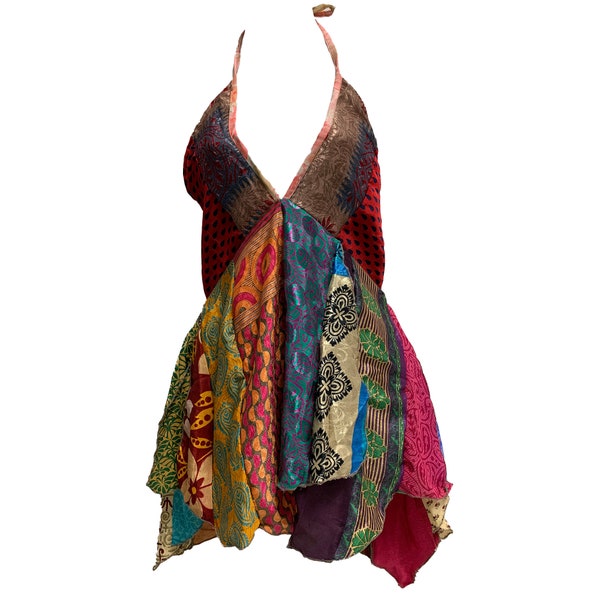 Boho Handmade Patchwork Fair Trade Halter Neck Indian Silk Sari Blouse Top [One Size]