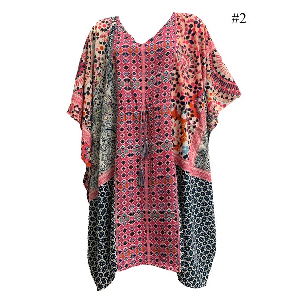 Boho Sequined Ethnic Print Short Caftan Beach Loose Fit Tunic Soft Silky Dress Shila