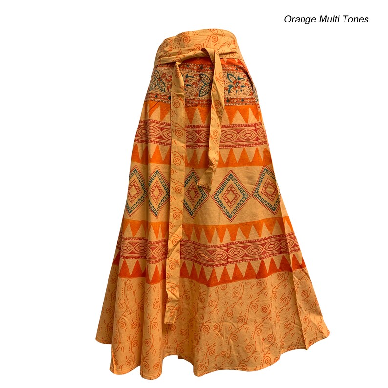 Bohemian Indian Ethnic Block Print Cotton Long Maxi Wrap Around Skirt Bagroo Orange Multi Tones