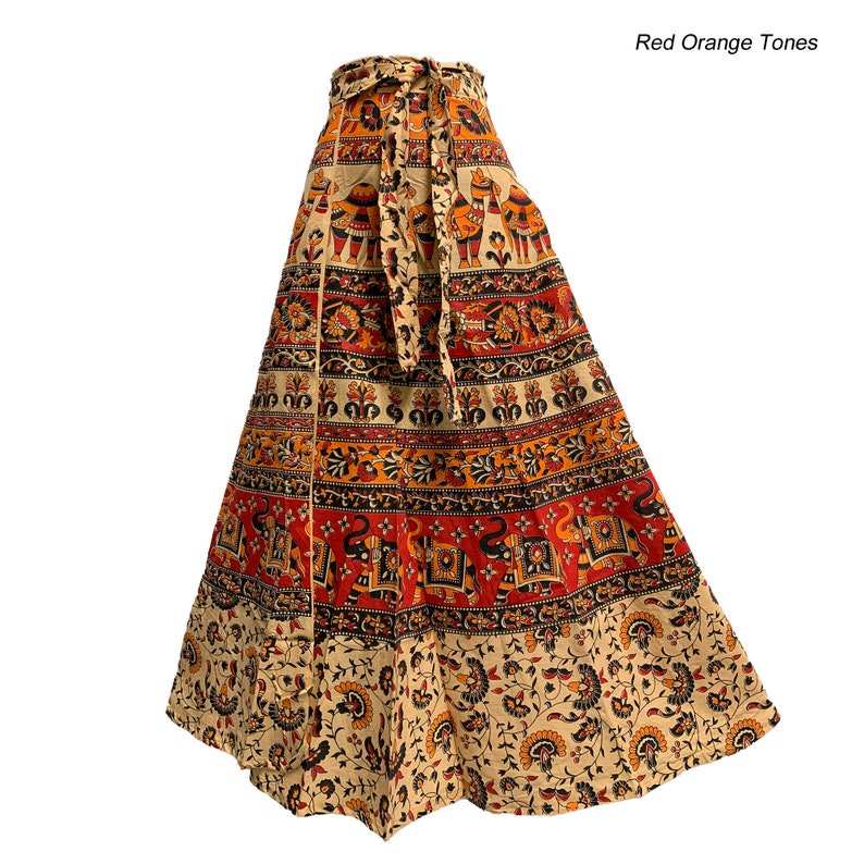 Bohemian Indian Ethnic Block Print Cotton Long Maxi Wrap Around Skirt Bagroo Red Orange tones