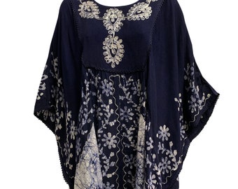 JK Missy Plus Indian Bohemian Tie-Dye Batik Embroidered Poncho Caftan Blouse. kaftan mini dress.