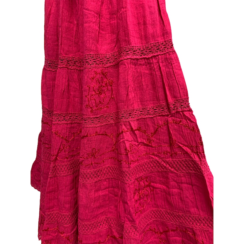 Womens Plus Size Three-Tier Bohemian Gauze Cotton Long Skirt Embroidered Skirt Boho solid color plain Maxi Skirt image 3