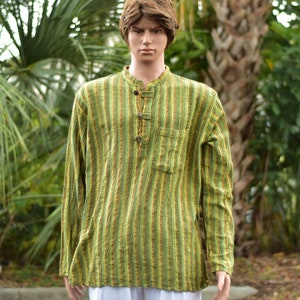 Men's Vintage Handmade Heavy  Stonewashed Cotton Ethnic Indian Striped Tunic  boho Shirt (Green)