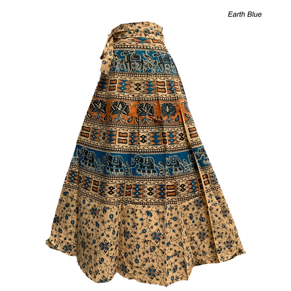 Bohemian Indian Ethnic Block Print Cotton Long Maxi Wrap Around Skirt Bagroo