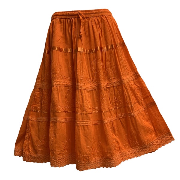Womens Three-Tier Bohemian Gauze Cotton Mid Length Embroidered Skirt Knee-Length Skirt.Boho solid color plain Midi skirt.
