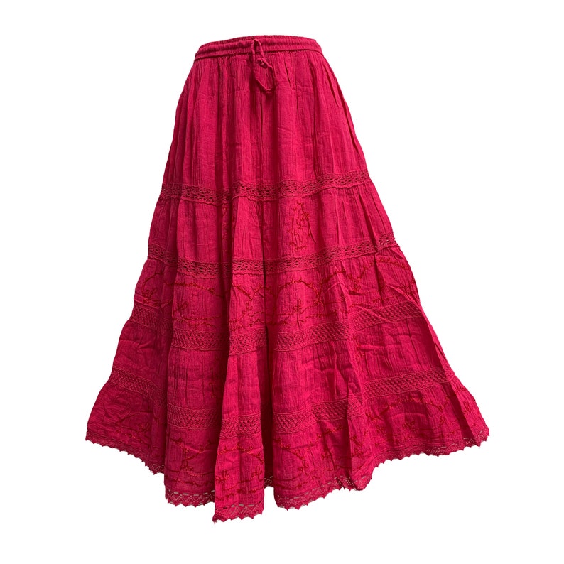 Womens Plus Size Three-Tier Bohemian Gauze Cotton Long Skirt Embroidered Skirt Boho solid color plain Maxi Skirt Pink