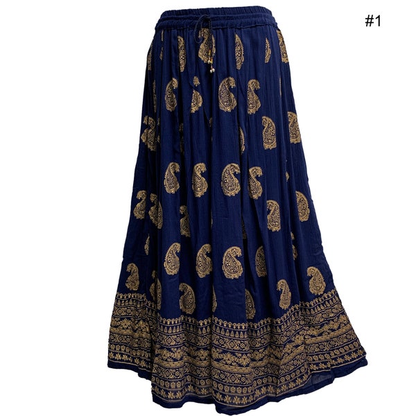 Indian Ethnic Gold Shimmering Print Crinkled Bohemian Long Skirt