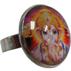 Ganesh Yoga Meditation Sanskrit Adjustable Fashion White Metal Ring