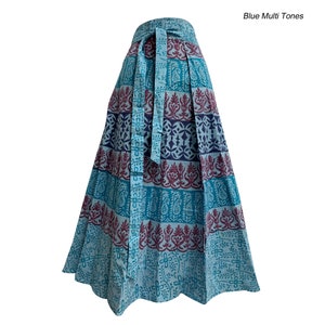 Bohemian Indian Ethnic Block Print Cotton Long Maxi Wrap Around Skirt Bagroo Blue Multi Tones