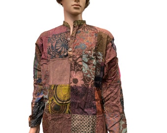 Men's Mandarin Collar Vintage Recycled Patchwork Bohemian Long Sleeve Shirt