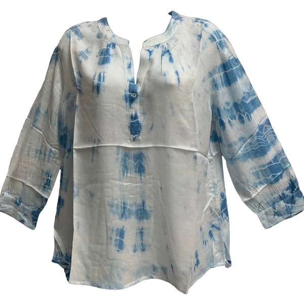 Indian Peasant Tie-Dye Y-Neck 3/4 Sleeve  boho Tunic Blouse