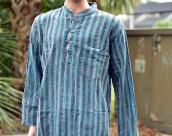 Men's Vintage Indian Heavy Cotton Hippie Ethnic Striped Blue Gray Tunic Shirt.Boho Long sleeve shirt.
