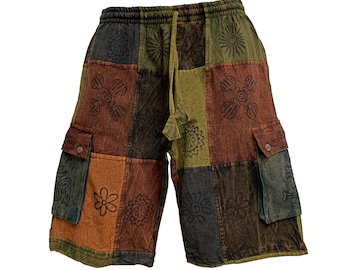 Bohemian Ethnic Printed Rustic Patchwork Five Pockets Unisex Stonewashed Cotton Handmade Cargo Shorts