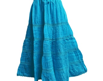 Womens Plus Size Three-Tier Bohemian Gauze Cotton Long Skirt Embroidered Skirt Boho solid color plain Maxi Skirt