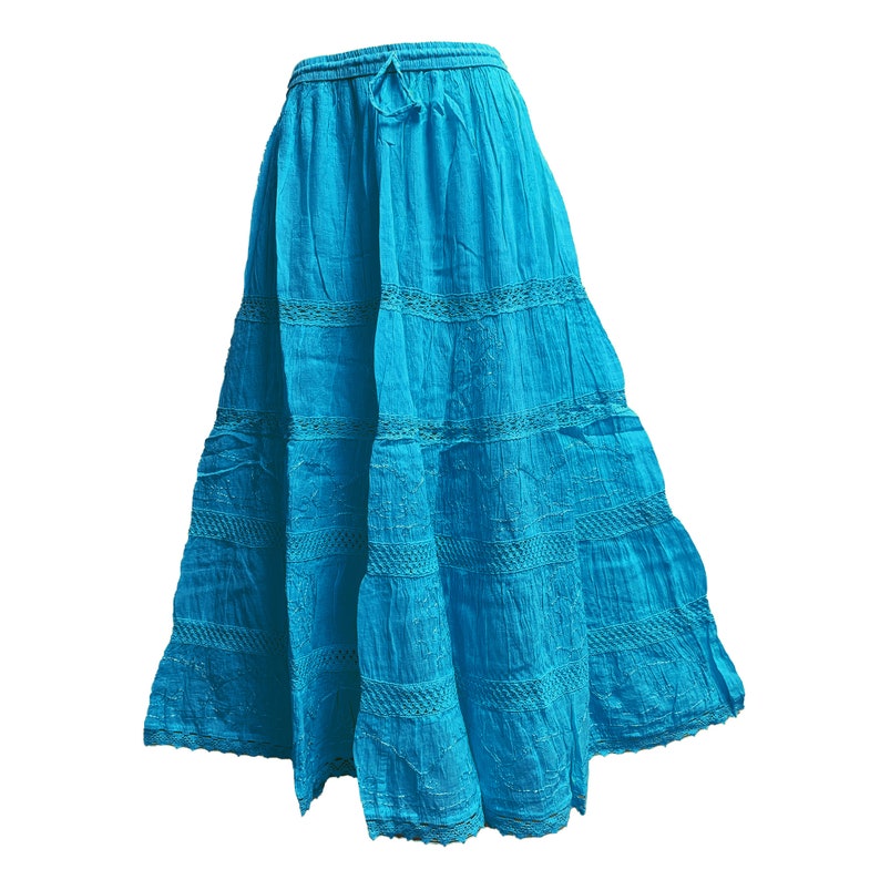 Womens Plus Size Three-Tier Bohemian Gauze Cotton Long Skirt Embroidered Skirt Boho solid color plain Maxi Skirt Turquoise