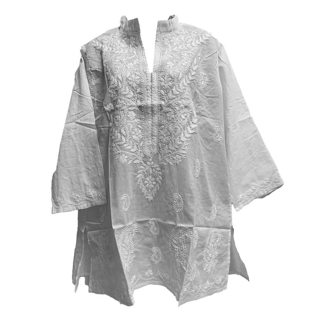 White Hand Embroidered Indian Cotton Peasant 3/4 Sleeve Blouse Tunic Top Boho white blouse