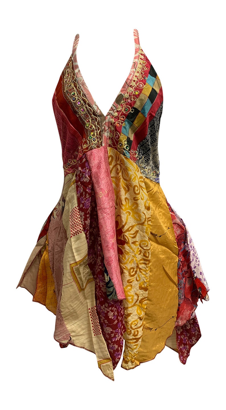 Boho Handmade Patchwork Fair Trade Halter Neck Indian Silk Sari Blouse Top 