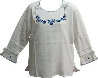 Boho White Gauze Indian Cotton Blue Embroidered Long Sleeves Blouse Tunic Top