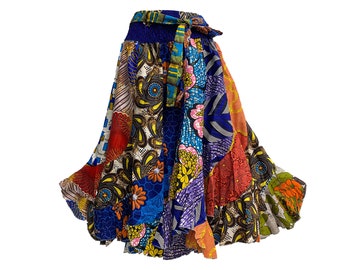 Bohemian Handmade Patchwork African Tiered Skirt Pure Wax Cotton Midi Ruffled Skirt With Head Scarf With Bow Tie Skirt With Pockets