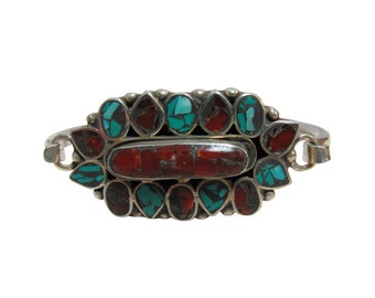 Tibetan Vintage Coral w/ Turquoise White Metal Bangle Bracelet #1