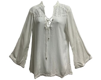 White Gauze Boho Vintage Long Sleeve Embroidered Crinkled Blouse