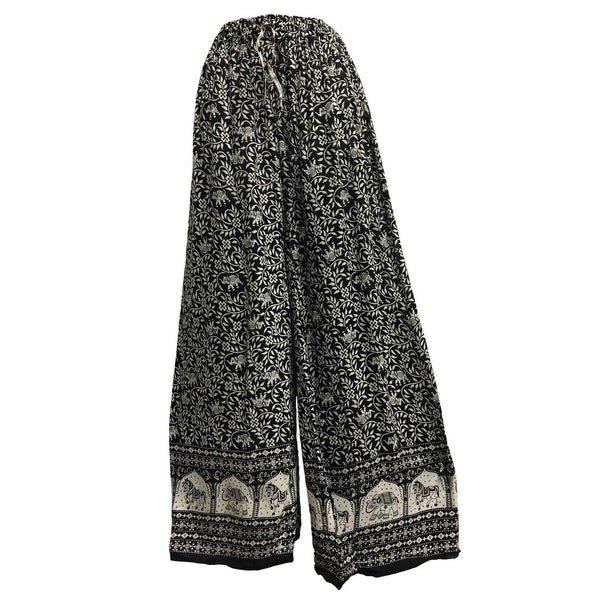 Women's White & Black Elephant Print Wide Leg Casual Cotton Palazzo  boho Trousers