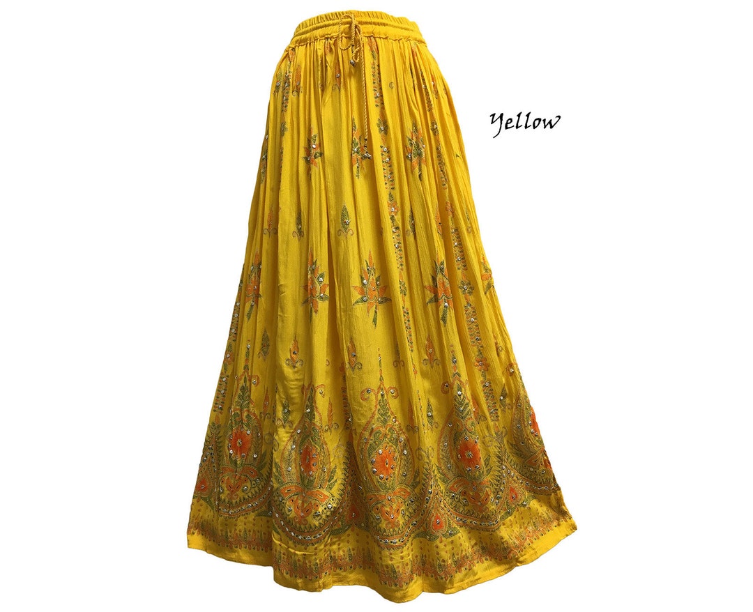 Women's Boho Handmade Indian Sequin Crinkle Gypsy Long Broomstick Skirt