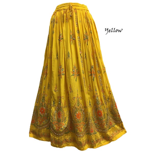 Women's boho  Handmade Indian Sequin Crinkle Gypsy Long Broomstick Skirt