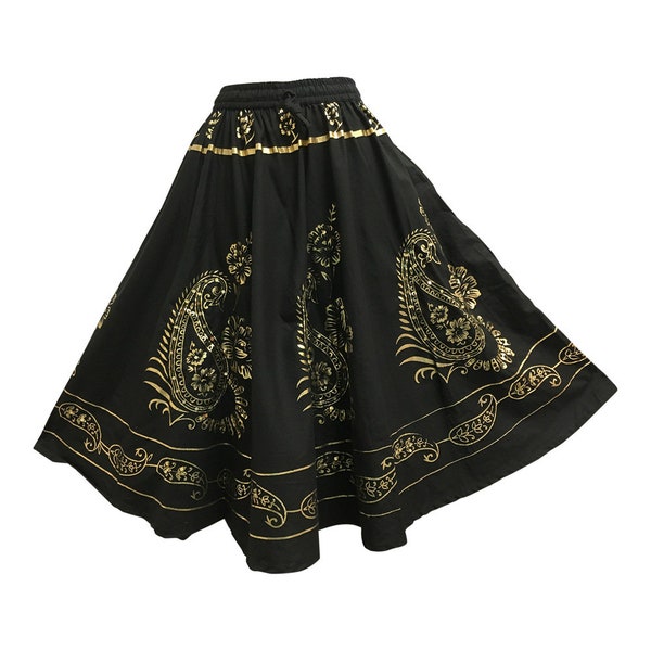 Gold Sequined Shimmering Mid-Length Umbrella Cut Cotton Boho Skirt No113 Midi skirt.knee length skirt.