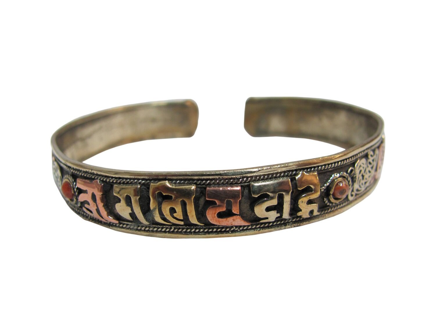 Big Vintage Tibetan Carved Brass OM Mani Padme Hum Dorje Amulet Cuff Bracelet 