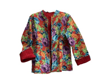 Boho Reversible Missy Floral Quilted Cotton Outerwear light weight Jacket Cardigan with Pockets [PLUS SIZE]