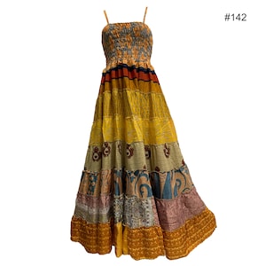 Boho Bohemian Vintage Handmade Fair Trade Indian Silk Sari Saree Printed Indu Spaghetti Strap Dress Tube Dress Skirt