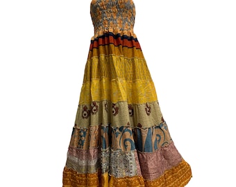 Boho Bohemian Vintage Handmade Fair Trade Indian Silk Sari Saree Printed Indu Spaghetti Strap Dress Tube Dress Skirt