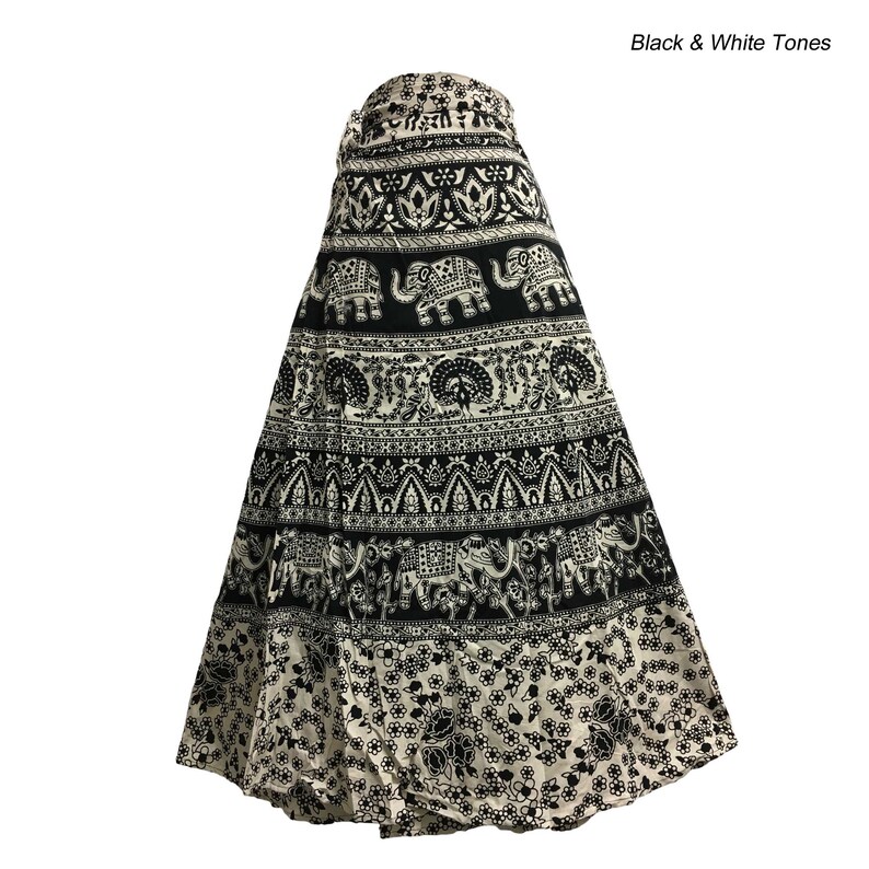 Bohemian Indian Ethnic Block Print Cotton Long Maxi Wrap Around Skirt Bagroo Black and White Tone