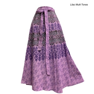 Bohemian Indian Ethnic Block Print Cotton Long Maxi Wrap Around Skirt Bagroo Lilac Multi Tones