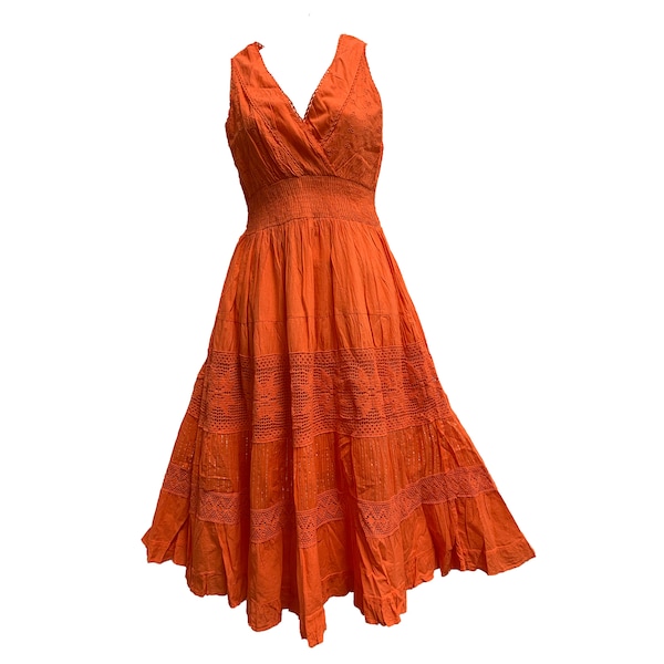 Orange Embroidered Lace Wrapped V-Neck Sleeveless Tiered Bohemian Ruffled Maxi pure Cotton Long Dress #2 (Small)