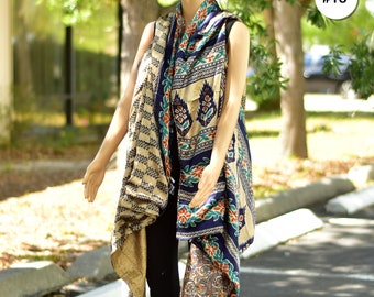 Handmade Boho Fashion Recycled Silk Saree Patchwork Open Front Reversible Printed Vest kimono Duster jacket