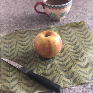 May include: A red and yellow apple rests on a green leaf-patterned wrap next to a small knife with a black handle. A floral-decorated mug filled with a dark liquid sits in the background. The scene is set on a speckled countertop.
