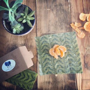 May include: A wooden table displays a succulent plant in a patterned pot, a brown cardboard box with a logo, and two green beeswax food wraps with a leaf pattern. Sliced orange segments rest on one wrap, with orange peels nearby.