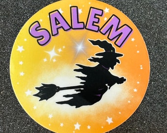 Witch Flying across Moon to Salem Round Sticker 3”