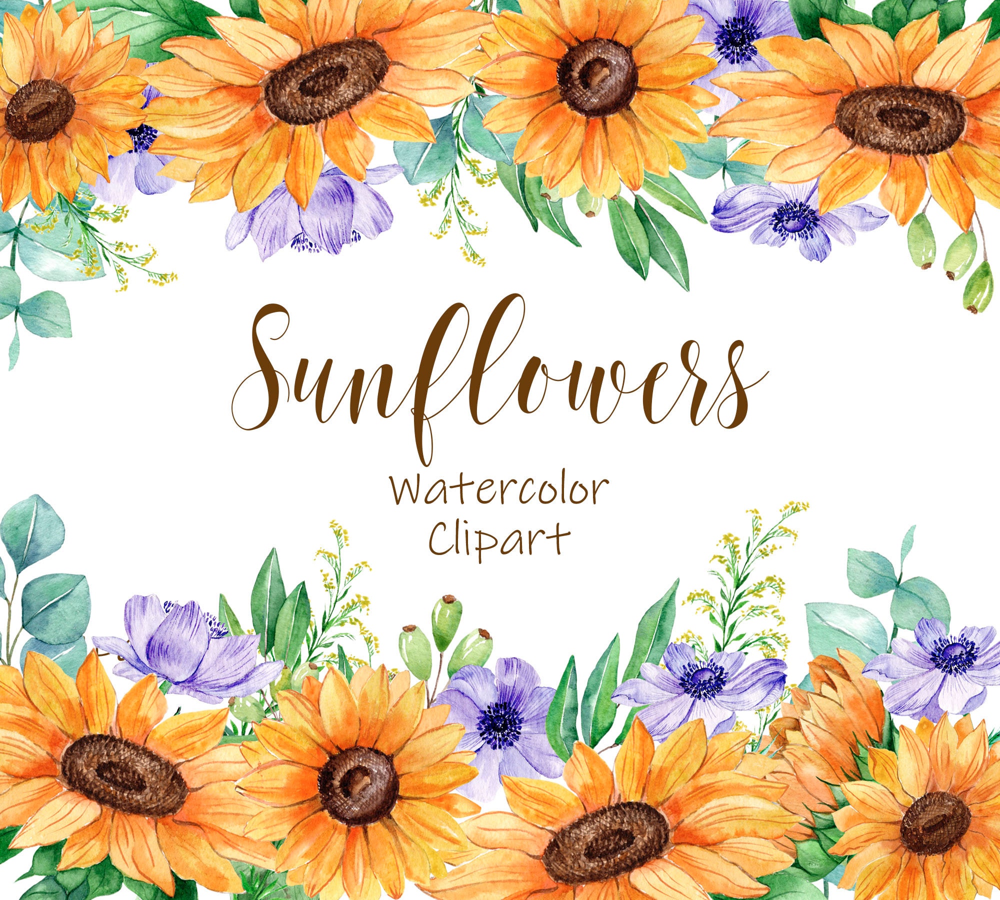 Sunflowers Watercolor Clip Art Realistic flower Summer herb | Etsy