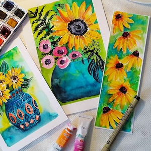 Ensemble original de fleurs, cartes de fleurs, cartes d'été, art tournesols, marque-page, art original aquarelle, cartes aquarelles, marque-page aquarelle