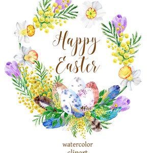 Clipart d’aquarelle de Pâques heureux, oeufs, couronnes, éléments peints à la main d’aquarelle