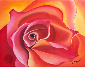 Rose, rose flower painting, pink red orange flower painting, pink rose on canvas, pink rose flower painting on canvas, close up rose canvas