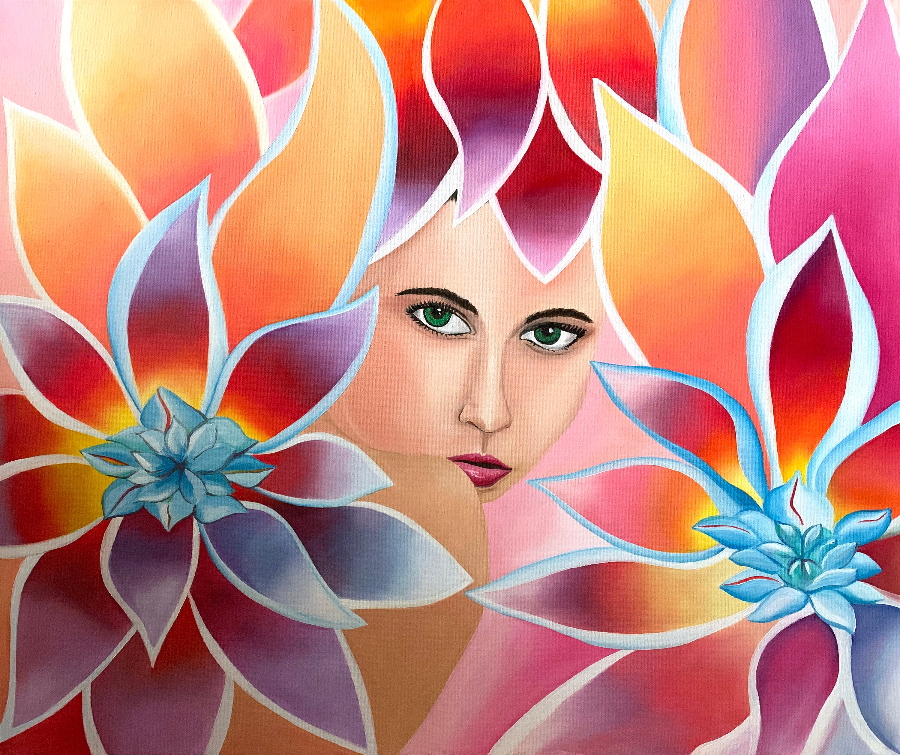 Flower Painting Flower Art on Canvas Woman With Flowers Etsy