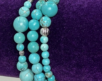 Genuine Turquoise & Sterling Silver Elastic Bead Bracelet Set