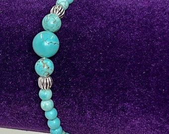 Genuine Turquoise & Sterling Silver Elastic Bead Bracelet