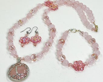 Earrings or Jewelry Set w/Genuine Rose Quartz, Crystal &  Rose Quartz Pendant. Each piece may be purchased separately. Gift Pink Bead