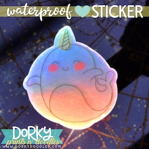 Narwhal Holographic Waterproof Stickers | Weatherproof Iridescent Vinyl Sticker | Sticker Size 2.68x3&quot;